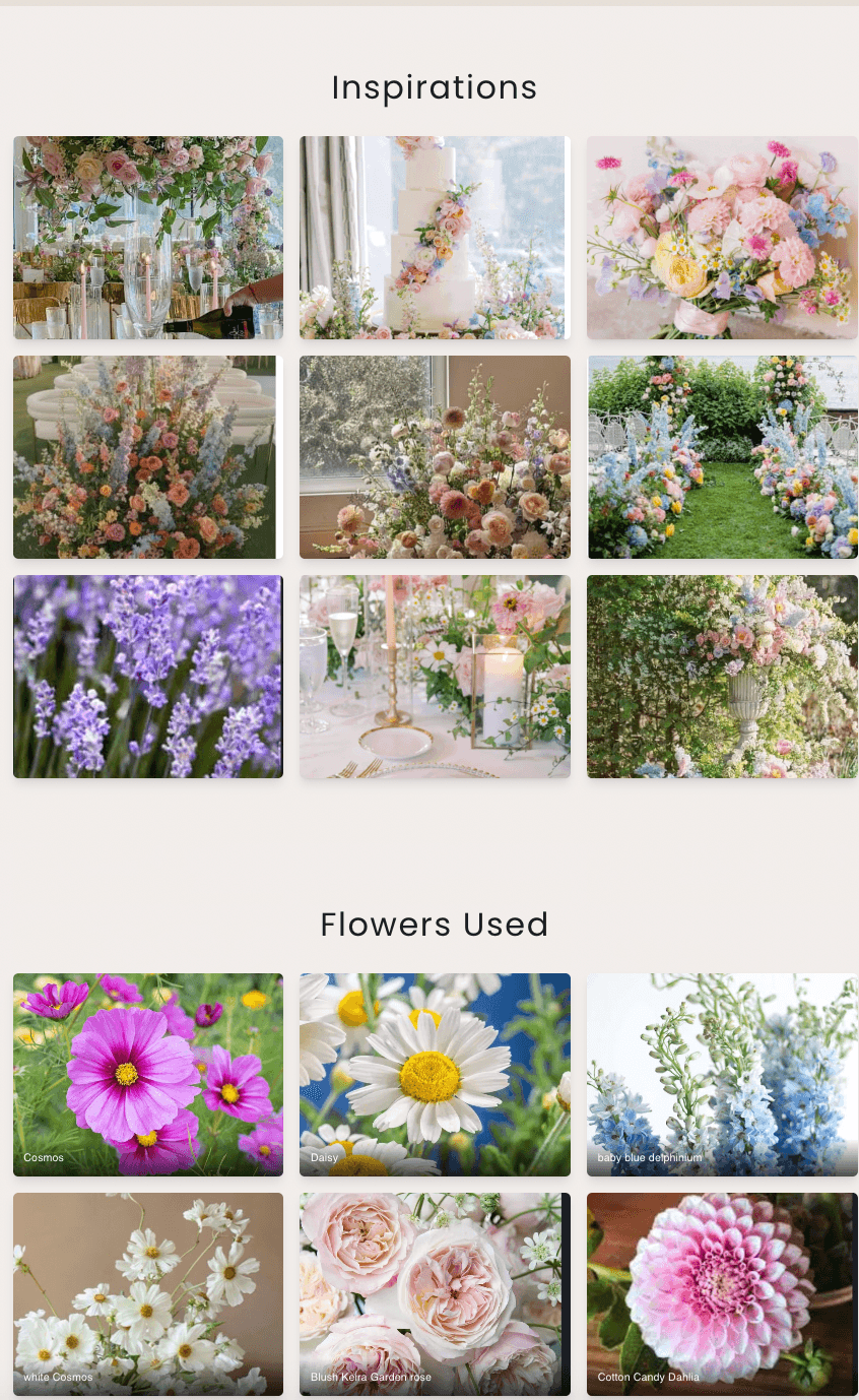 Floral palette grid showing calla lily, Dahlia, roses, hydrangeas, and more varieties