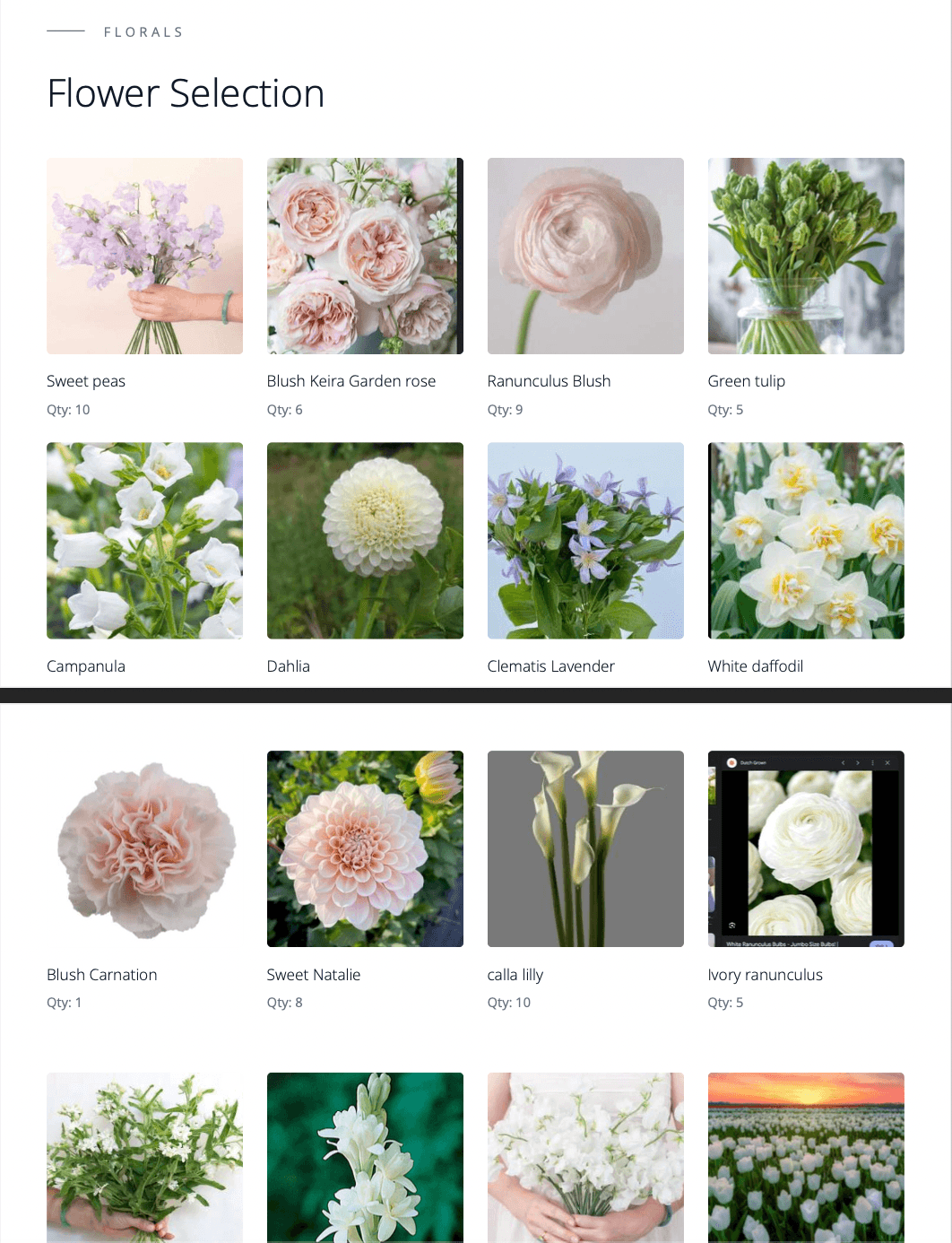 Flower selection grid showing Sweet peas, Blush Keira Garden rose, Ranunculus, and more with quantities